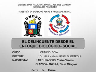 UNIVERSIDAD NACIONAL DANIEL ALCIDES CARRIÓN
ESCUELA DE POSGRADO
MAESTRÍA EN DERECHO PENAL Y PROCESAL PENAL
EL DELINCUENTE DESDE EL
ENFOQUE BIOLÓGICO- SOCIAL
CURSO : CRIMINOLOGÍA
DOCENTE : Dr. Héctor Martin URIOL OLORTEGUI
MAESTRISTAS : AIRE HUACCHO, Yurika Vanesa
OLAZO VALENZULA, Diana Milagros
Cerro de Pasco-
 