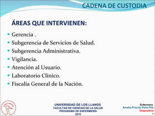 Gerencia . Subgerencia de Servicios de Salud. Subgerencia Administrativa. Vigilancia. Atención al Usuario. Laboratorio Clínico. Fiscalía General de la Nación. ÁREAS QUE INTERVIENEN: UNIVERSIDAD DE LOS LLANOS  FACULTAD DE CIENCIAS DE LA SALUD PROGRAMA DE ENFERMERÍA 2010 Enfermera  Amalia Priscila Peña Pita Diapositiva 4 