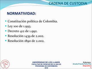 Constitución política de Colombia. Ley 100 de 1.993. Decreto 412 de 1.992. Resolución 1439 de 2.002. Resolución 1890 de 2.002. NORMATIVIDAD: UNIVERSIDAD DE LOS LLANOS  FACULTAD DE CIENCIAS DE LA SALUD PROGRAMA DE ENFERMERÍA 2010 Enfermera  Amalia Priscila Peña Pita Diapositiva 6 