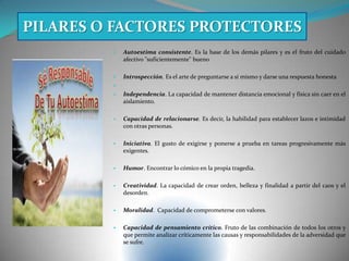 • Autoestima consistente. Es la base de los demás pilares y es el fruto del cuidado
afectivo "suficientemente" bueno
• Introspección. Es el arte de preguntarse a sí mismo y darse una respuesta honesta
•
• Independencia. La capacidad de mantener distancia emocional y física sin caer en el
aislamiento.
• Capacidad de relacionarse. Es decir, la habilidad para establecer lazos e intimidad
con otras personas.
• Iniciativa. El gusto de exigirse y ponerse a prueba en tareas progresivamente más
exigentes.
• Humor. Encontrar lo cómico en la propia tragedia.
• Creatividad. La capacidad de crear orden, belleza y finalidad a partir del caos y el
desorden.
• Moralidad. Capacidad de comprometerse con valores.
• Capacidad de pensamiento crítico. Fruto de las combinación de todos los otros y
que permite analizar críticamente las causas y responsabilidades de la adversidad que
se sufre.
PILARES O FACTORES PROTECTORES
 