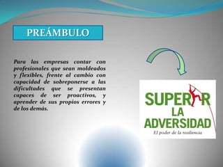 PREÁMBULO
Para las empresas contar con
profesionales que sean moldeados
y flexibles, frente al cambio con
capacidad de sobreponerse a las
dificultades que se presentan
capaces de ser proactivos, y
aprender de sus propios errores y
de los demás.
 