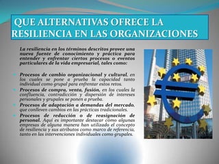 La resiliencia en los términos descritos provee una
nueva fuente de conocimiento y práctica para
entender y enfrentar ciertos procesos o eventos
particulares de la vida empresarial, tales como:
 Procesos de cambio organizacional y cultural, en
los cuales se pone a prueba la capacidad tanto
individual como grupal para enfrentar estos retos.
 Procesos de compra, venta, fusión, en los cuales la
confluencia, contradicción y dispersión de intereses
personales y grupales se ponen a prueba.
 Procesos de adaptación a demandas del mercado,
que conlleven cambios en las prácticas tradicionales.
 Procesos de reducción o de reasignación de
personal. Aquí es importante destacar cómo algunas
empresas de alguna manera han utilizado el concepto
de resiliencia y sus atributos como marco de referencia,
tanto en las intervenciones individuales como grupales.
QUE ALTERNATIVAS OFRECE LA
RESILIENCIA EN LAS ORGANIZACIONES
 