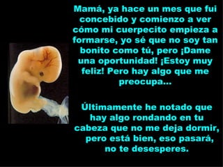 Mamá, ya hace un mes que fui concebido y comienzo a ver cómo mi cuerpecito empieza a formarse, yo sé que no soy tan bonito como tú, pero ¡Dame una oportunidad! ¡Estoy muy feliz! Pero hay algo que me preocupa... Últimamente he notado que hay algo rondando en tu cabeza que no me deja dormir,  pero está bien, eso pasará, no te desesperes. 