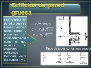 Los orificios de
pared gruesa se
llaman también
tubos cortos y
presentan un
comportamiento
como el que
muestra el
esquema.
Aplicamos
Bernoulli, entre
los puntos 1 y 2.
𝑉 = 𝐶𝑉 2𝑔 𝐻
𝑄 = 𝐶𝑑𝐴 2𝑔 𝐻
Tipos de tubos cortos mas usados
obtenemos:
 