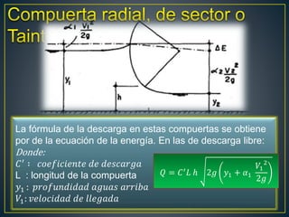 La fórmula de la descarga en estas compuertas se obtiene
por de la ecuación de la energía. En las de descarga libre:
Donde:
𝐶′ ∶ 𝑐𝑜𝑒𝑓𝑖𝑐𝑖𝑒𝑛𝑡𝑒 𝑑𝑒 𝑑𝑒𝑠𝑐𝑎𝑟𝑔𝑎
L : longitud de la compuerta
𝑦1 : 𝑝𝑟𝑜𝑓𝑢𝑛𝑑𝑖𝑑𝑎𝑑 𝑎𝑔𝑢𝑎𝑠 𝑎𝑟𝑟𝑖𝑏𝑎
𝑉1: 𝑣𝑒𝑙𝑜𝑐𝑖𝑑𝑎𝑑 𝑑𝑒 𝑙𝑙𝑒𝑔𝑎𝑑𝑎
𝑄 = 𝐶′
𝐿 ℎ 2𝑔 𝑦1 + 𝛼1
𝑉1
2
2𝑔
 