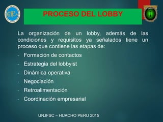 PROCESO DEL LOBBY
La organización de un lobby, además de las
condiciones y requisitos ya señalados tiene un
proceso que contiene las etapas de:
- Formación de contactos
- Estrategia del lobbyist
- Dinámica operativa
- Negociación
- Retroalimentación
- Coordinación empresarial
UNJFSC – HUACHO PERU 2015
 