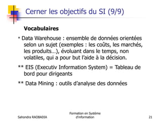 Sahondra RAOBADIA
Formation en Système
d'information 21
Cerner les objectifs du SI (9/9)
Vocabulaires
* Data Warehouse : ensemble de données orientées
selon un sujet (exemples : les coûts, les marchés,
les produits…), évoluant dans le temps, non
volatiles, qui a pour but l’aide à la décision.
** EIS (Executiv Information System) = Tableau de
bord pour dirigeants
** Data Mining : outils d’analyse des données
 