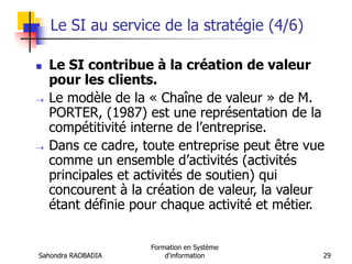 Sahondra RAOBADIA
Formation en Système
d'information 29
Le SI au service de la stratégie (4/6)
 Le SI contribue à la création de valeur
pour les clients.
 Le modèle de la « Chaîne de valeur » de M.
PORTER, (1987) est une représentation de la
compétitivité interne de l’entreprise.
 Dans ce cadre, toute entreprise peut être vue
comme un ensemble d’activités (activités
principales et activités de soutien) qui
concourent à la création de valeur, la valeur
étant définie pour chaque activité et métier.
 