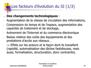 Sahondra RAOBADIA
Formation en Système
d'information 47
Les facteurs d’évolution du SI (1/3)
 Des changements technologiques :
- Augmentation de la vitesse de circulation des informations,
- Compression du temps et de l’espace, augmentation des
capacités de traitement et de stockage,
- Avènement de l’Internet et du commerce électronique
- Baisse relative des coûts des équipements et des
prestations d’accès aux réseaux…
 Effets sur les acteurs et la façon dont ils travaillent
(rapidité, automatisation des tâches fastidieuses, mais
aussi, formalisation, structuration, donc contrainte).
 