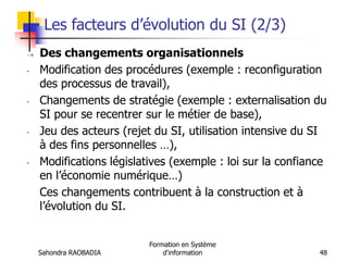 Sahondra RAOBADIA
Formation en Système
d'information 48
Les facteurs d’évolution du SI (2/3)
 Des changements organisationnels
- Modification des procédures (exemple : reconfiguration
des processus de travail),
- Changements de stratégie (exemple : externalisation du
SI pour se recentrer sur le métier de base),
- Jeu des acteurs (rejet du SI, utilisation intensive du SI
à des fins personnelles …),
- Modifications législatives (exemple : loi sur la confiance
en l’économie numérique…)
Ces changements contribuent à la construction et à
l’évolution du SI.
 