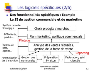 Sahondra RAOBADIA
Formation en Système
d'information 52
Les logiciels spécifiques (2/6)
 Des fonctionnalités spécifiques : Exemple
Le SI de gestion commerciale et de marketing
Choix produits / marchés
Plan marketing, politique commerciale
Analyse des ventes réalisées,
gestion de la force de vente
Gestion des
commandes
Préparation
livraison
Facturation; suivi
clientèle
Automatisation
des transactions
Tableau de
bord,
agenda…
BDD clients,
produits…
Système de veille
Stratégique
Reporting
Pilotage
 