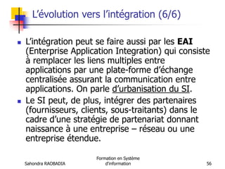 Sahondra RAOBADIA
Formation en Système
d'information 56
L’évolution vers l’intégration (6/6)
 L’intégration peut se faire aussi par les EAI
(Enterprise Application Integration) qui consiste
à remplacer les liens multiples entre
applications par une plate-forme d’échange
centralisée assurant la communication entre
applications. On parle d’urbanisation du SI.
 Le SI peut, de plus, intégrer des partenaires
(fournisseurs, clients, sous-traitants) dans le
cadre d’une stratégie de partenariat donnant
naissance à une entreprise – réseau ou une
entreprise étendue.
 