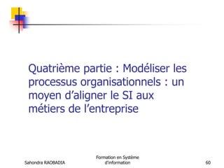 Sahondra RAOBADIA
Formation en Système
d'information 60
Quatrième partie : Modéliser les
processus organisationnels : un
moyen d’aligner le SI aux
métiers de l’entreprise
 