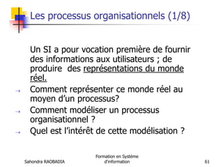 Sahondra RAOBADIA
Formation en Système
d'information 61
Les processus organisationnels (1/8)
Un SI a pour vocation première de fournir
des informations aux utilisateurs ; de
produire des représentations du monde
réel.
 Comment représenter ce monde réel au
moyen d’un processus?
 Comment modéliser un processus
organisationnel ?
 Quel est l’intérêt de cette modélisation ?
 