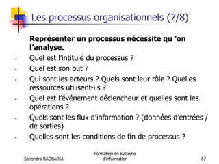 Sahondra RAOBADIA
Formation en Système
d'information 67
Les processus organisationnels (7/8)
Représenter un processus nécessite qu ’on
l’analyse.
• Quel est l’intitulé du processus ?
• Quel est son but ?
• Qui sont les acteurs ? Quels sont leur rôle ? Quelles
ressources utilisent-ils ?
• Quel est l’événement déclencheur et quelles sont les
opérations ?
• Quels sont les flux d’information ? (données d’entrées /
de sorties)
• Quelles sont les conditions de fin de processus ?
 