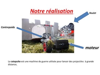 Notre réalisation
moteur
Contrepoids
Boulet
La catapulte est une machine de guerre utilisée pour lancer des projectiles à grande
distance,
 