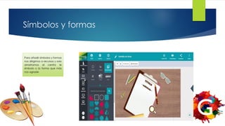 Símbolos y formas
Para añadir símbolos y formas
nos dirigimos a recursos y solo
arrastramos al centro le
símbolo o la forma que más
nos agrade