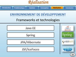 RéalisationProblématique Solution ConclusionConceptionIntroduction
20
Frameworks et technologies
 