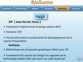 RéalisationProblématique Solution ConclusionConceptionIntroduction
22
 Framework implémentant le design pattern MVC
 Standard J2EE
 Permet d’accroitre la productivité du développement de la
couche Présentation
JSF ( Java Server Faces )
IceFaces
 Bibliothèque de composants graphiques Web2 pour JSF
 Framework très avancé qui intègre les capacités de la
technologies Web2 AJAX sans écrire du code JavaScript
 