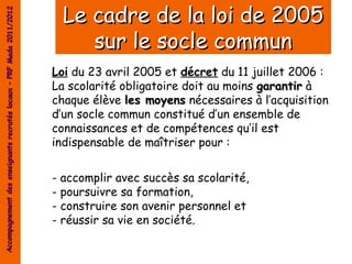 Accompagnement des enseignants recrutés locaux – PRF Mada 2011/2012
                                                                        Le cadre de la loi de 2005
                                                                           sur le socle commun
                                                                      Loi du 23 avril 2005 et décret du 11 juillet 2006 :
                                                                      La scolarité obligatoire doit au moins garantir à
                                                                      chaque élève les moyens nécessaires à l’acquisition
                                                                      d’un socle commun constitué d’un ensemble de
                                                                      connaissances et de compétences qu’il est
                                                                      indispensable de maîtriser pour :


                                                                      - accomplir avec succès sa scolarité,
                                                                      - poursuivre sa formation,
                                                                      - construire son avenir personnel et
                                                                      - réussir sa vie en société.
 