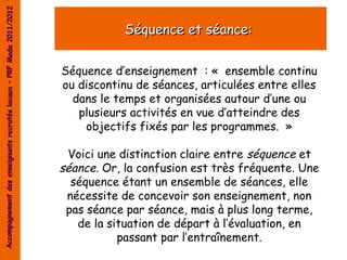 Accompagnement des enseignants recrutés locaux – PRF Mada 2011/2012


                                                                                  Séquence et séance:


                                                                      Séquence d’enseignement  : «  ensemble continu
                                                                      ou discontinu de séances, articulées entre elles
                                                                        dans le temps et organisées autour d’une ou
                                                                         plusieurs activités en vue d’atteindre des
                                                                          objectifs fixés par les programmes.  »

                                                                       Voici une distinction claire entre séquence et
                                                                      séance. Or, la confusion est très fréquente. Une
                                                                        séquence étant un ensemble de séances, elle
                                                                       nécessite de concevoir son enseignement, non
                                                                       pas séance par séance, mais à plus long terme,
                                                                         de la situation de départ à l’évaluation, en
                                                                                 passant par l’entraînement.
 