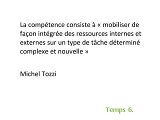 La compétence consiste à « mobiliser de façon intégrée des ressources internes et externes sur un type de tâche déterminé complexe et nouvelle » Michel Tozzi Temps 6. 