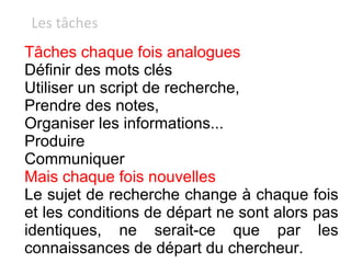 Tâches chaque fois analogues Définir des mots clés Utiliser un script de recherche, Prendre des notes, Organiser les informations...  Produire  Communiquer Mais chaque fois nouvelles Le sujet de recherche change à chaque fois et les conditions de départ ne sont alors pas identiques, ne serait-ce que par les connaissances de départ du chercheur. Les tâches 