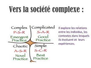 Il explore les relations entre les individus, les contextes dans lesquels ils évoluent et  leurs expériences. Vers la société complexe : 