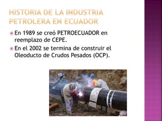  En 1989 se creó PETROECUADOR en
reemplazo de CEPE.
 En el 2002 se termina de construir el
Oleoducto de Crudos Pesados (OCP).
 
