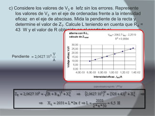 c) Considere los valores de V3 e Iefz sin los errores. Represente
   los valores de V3 en el eje de ordenadas frente a la intensidad
   eficaz en el eje de abscisas. Mida la pendiente de la recta y
   determine el valor de ZT. Calcule L teniendo en cuenta que RB =
   43 W y el valor de R obtenido en el apartado a)




 Pendiente
 