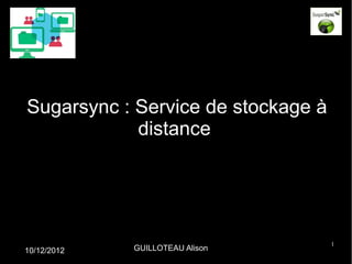 Sugarsync : Service de stockage à
            distance




                                    1
10/12/2012   GUILLOTEAU Alison
 