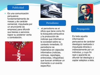  Es una comunicación
persuasiva
fundamentalmente de
masas y de carácter
comercial, impulsada por
un anunciante (la
empresa) para difundir
sus bienes o servicios
lograr su posterior venta
o contratación.
 el periodismo es el
oficio que tiene como fin
la búsqueda exhaustiva
y la producción de
noticias que informen a
la sociedad sobre su
contexto inmediato. El
periodismo se
materializa en cápsulas
informativa (noticias,
crónicas, reportajes,
entrevistas, infografías)
que buscan sintetizar un
momento o un evento
específico
Publicidad
Periodismo
Propaganda
Es toda aquella
información
persuasiva de carácter
ideológico realizada o
impulsada directa o
indirectamente por un
individuo, y cuyo fin
real o aparente es
difundir tal ideología y
captar adeptos a ésta.
 