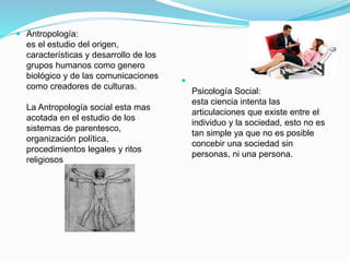  Antropología:
es el estudio del origen,
características y desarrollo de los
grupos humanos como genero
biológico y de las comunicaciones
como creadores de culturas.
La Antropología social esta mas
acotada en el estudio de los
sistemas de parentesco,
organización política,
procedimientos legales y ritos
religiosos

Psicología Social:
esta ciencia intenta las
articulaciones que existe entre el
individuo y la sociedad, esto no es
tan simple ya que no es posible
concebir una sociedad sin
personas, ni una persona.
 