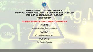 UNIVERSIDAD TÉCNICA DE MACHALA
UNIDAD ACADÉMICA DE CIENCIAS QUÍMICAS Y DE LA SALUD
CARRERA DE BIOQUÍMICA Y FARMACIA
TOXICOLOGÍA
CLASIFICACIÓN DE LOS ELEMENTOS TÓXICOS
NOMBRE:
Carlos Andres Pardo Aguirre
CURSO:
Octavo semestre “A”
DOCENTE:
Dr. Carlos García
 
