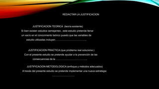 REDACTAR LA JUSTIFICACION
JUSTIFICACION PRACTICA (que problema real soluciona )
Con el presente estudio se pretende ayudar a la prevención de las
consecuencias de la ………………………………..
JUSTIFICACION TEORICA (teoría existente)
Si bien existen estudios semejantes , este estudio pretende llenar
un vacío en el conocimiento teórico puesto que las variables de
estudio utilizadas incluyen………………………………..
JUSTIFICACION METODOLOGICA (enfoque y métodos adecuados)
A través del presente estudio se pretende implementar una nueva estrategia
………………………
 