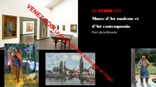 VE
   NE                                             !!! FERME !!!!
      Z
          VO                                      Musée d’Art moderne et
            IR                                    d’Art contemporain
                 LE                               Parc de la Boverie
                      BA
                        L
                            (M
                              us
                                ée
                                     de
                                       s
                                           Be
                                             au
                                                x-
                                                   Ar
                                                     ts
                                                          de
                                                               Li
                                                                  èg
                                                                    e)
 