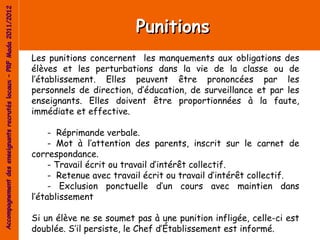 Accompagnement des enseignants recrutés locaux – PRF Mada 2011/2012


                                                                                               Punitions
                                                                      Les punitions concernent les manquements aux obligations des
                                                                      élèves et les perturbations dans la vie de la classe ou de
                                                                      l’établissement. Elles peuvent être prononcées par les
                                                                      personnels de direction, d’éducation, de surveillance et par les
                                                                      enseignants. Elles doivent être proportionnées à la faute,
                                                                      immédiate et effective.

                                                                           - Réprimande verbale.
                                                                           - Mot à l’attention des parents, inscrit sur le carnet de
                                                                      correspondance.
                                                                           - Travail écrit ou travail d’intérêt collectif.
                                                                           - Retenue avec travail écrit ou travail d’intérêt collectif.
                                                                           - Exclusion ponctuelle d’un cours avec maintien dans
                                                                      l’établissement

                                                                      Si un élève ne se soumet pas à une punition infligée, celle-ci est
                                                                      doublée. S’il persiste, le Chef d’Établissement est informé.
 