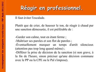 Accompagnement des enseignants recrutés locaux – PRF Mada 2011/2012


                                                                          Réagir en professionnel.
                                                                      Il faut éviter l'escalade.

                                                                      Plutôt que de crier, de hausser le ton, de réagir à chaud par
                                                                      une sanction démesurée, il est préférable de :

                                                                      -Garder son calme, tout en étant ferme ;
                                                                      -Maîtriser ses paroles et son flot de paroles ;
                                                                      -Éventuellement marquer un temps d'arrêt silencieux
                                                                      (attention pas trop long quand même) ;
                                                                      -Différer la prise de décision de la sanction (si non grave, à
                                                                      la fin de l'heure, sinon préciser qu'une décision commune
                                                                      avec le PP ou la CPE ou le Pal s'impose).
 