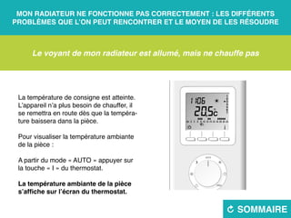 Mon radiateur ne fonctionne pas correctement : les différents
problèmes que l’on peut rencontrer et le moyen de les résoudre
R sommaire
Le voyant de mon radiateur est allumé, mais ne chauffe pas
La température de consigne est atteinte.
L’appareil n’a plus besoin de chauffer, il
se remettra en route dès que la tempéra-
ture baissera dans la pièce.	
Pour visualiser la température ambiante
de la pièce :
A partir du mode « AUTO » appuyer sur
la touche « I » du thermostat.
La température ambiante de la pièce
s’affiche sur l’écran du thermostat.
 