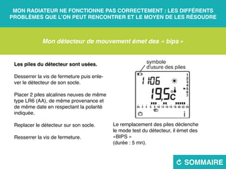 Mon radiateur ne fonctionne pas correctement : les différents
problèmes que l’on peut rencontrer et le moyen de les résoudre
R sommaire
Mon détecteur de mouvement émet des « bips »
Les piles du détecteur sont usées.
Desserrer la vis de fermeture puis enle-
ver le détecteur de son socle.
Placer 2 piles alcalines neuves de même
type LR6 (AA), de même provenance et
de même date en respectant la polarité
indiquée.
Replacer le détecteur sur son socle.
Resserrer la vis de fermeture.
Le remplacement des piles déclenche
le mode test du détecteur, il émet des
«BIPS »
(durée : 5 mn).
 