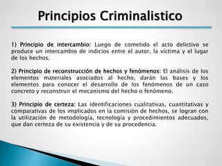 Principios Criminalistico 
1) Principio de intercambio: Luego de cometido el acto delictivo se 
produce un intercambio de indicios entre el autor, la víctima y el lugar 
de los hechos. 
2) Principio de reconstrucción de hechos y fenómenos: El análisis de los 
elementos materiales asociados al hecho, darán las bases y los 
elementos para conocer el desarrollo de los fenómenos de un caso 
concreto y reconstruir el mecanismo del hecho o fenómeno. 
3) Principio de certeza: Las identificaciones cualitativas, cuantitativas y 
comparativas de los implicados en la comisión de hechos, se logran con 
la utilización de metodología, tecnología y procedimientos adecuados, 
que dan certeza de su existencia y de su procedencia. 
 