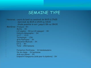 Horaires : cours du lundi au vendredi de 8h15 à 17h05
            mercredi de 8h15 à 12h15 ou 13h10
            étude possible le soir jusqu’à 18h ou 18h30
Matières : Français  5H
           Maths  4H
           LV1 anglais  4H ou LV1 espagnol  4H
           Histoire-Géographie  3H
           S.V.T.  1,5 H
           Technologie  1,5H
           Arts Plastiques  1H
           Éducation Musicale  1H
           E.P.S.  4H
           Total : 25H/semaine

           Formation Chrétienne  1H hebdomadaire
           Vie de classe  1H/quinzaine
           Aide aux élèves  2H
           Dispositif Kangourou (aide pour la dyslexie) 2H
 