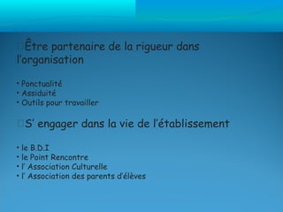 Être partenaire de la rigueur dans
l’organisation

• Ponctualité
• Assiduité
• Outils pour travailler

S’ engager dans la vie de l’établissement

•   le B.D.I
•   le Point Rencontre
•   l’ Association Culturelle
•   l’ Association des parents d’élèves
 