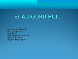• Une école maternelle
• Une école primaire
• Un collège
• Un lycée professionnel
• Un lycée général
• Un lycée technologique
 