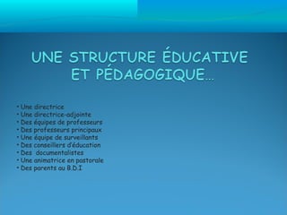 •   Une directrice
•   Une directrice-adjointe
•   Des équipes de professeurs
•   Des professeurs principaux
•   Une équipe de surveillants
•   Des conseillers d’éducation
•   Des documentalistes
•   Une animatrice en pastorale
•   Des parents au B.D.I
 