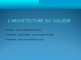 •Sixième : cycle d’adaptation (1 an)

• Cinquième / Quatrième : cycle central (2 ans)

•Troisième : cycle d’orientation (1 an)
 
