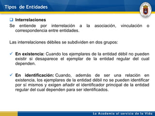 Tipos  de Entidades Interrelaciones Se entiende por interrelación a la asociación, vinculación o correspondencia entre entidades.  Las interrelaciones débiles se subdividen en dos grupos: En existencia:  Cuando los ejemplares de la entidad débil no pueden existir si desaparece el ejemplar de la entidad regular del cual dependen. En identificación:  Cuando, además de ser una relación en existencia, los ejemplares de la entidad débil no se pueden identificar por sí mismos y exigen añadir el identificador principal de la entidad regular del cual dependen para ser identificados. 