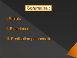 Sommaire :Sommaire :
I.I. ProjetsProjets
II.II. ExpérienceExpérience
III.III. Réalisation personnelleRéalisation personnelle
 