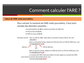 Comment calculer l’ARE ?
Calcul de l’ARE nette journalière:

              Pour calculer le montant de l’ARE nette journalière, il faut tenir
              compte des données suivantes :
                         - une participation de 3% du salaire journalier de référence
                         - la CSG au taux de 6,2 %
                         - la CRDS au taux de 0,5 %

              Exemple concret : Pour un SJR de 100€, il faut dans un premier temps enlever 3%, soit :
                                3%x100=3
                                Dans un deuxième temps, déduire la CSG de 6,2% sur 97% de l’ARE brut, soit :
                                57,4x0,062x0,97=3,45
                     ARE brut                       97% de l’ARE brut
                                        CSG
                                Dans un dernier temps, déduire la CRDS de 0,5% sur 97% de l’ARE brut, soit:
                                57,4x0,005x0,97=0,28
                                Le montant de l’ARE nette journalière est alors égale au montant de l’ARE
                    brut moins la somme des prélèvements, soit :
                                57,4-(3+3,45+0,28)=50,67
 