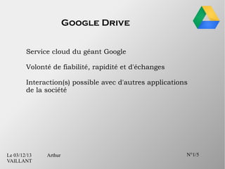 Google Drive
Service cloud du géant Google
Volonté de fiabilité, rapidité et d'échanges
Interaction(s) possible avec d'autres applications
de la société

Le 03/12/13
VAILLANT

Arthur

N°1/5

 